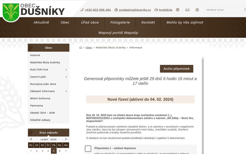 Ukázka aplikace na webu: Obec Dušníky