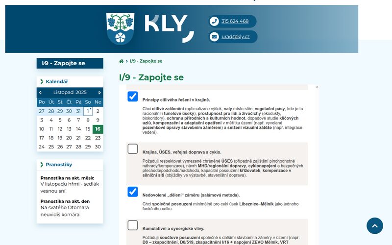 Ukázka aplikace na webu: Obec Kly