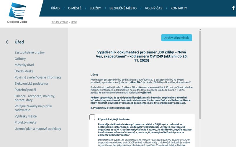 Ukázka aplikace na webu: Město Odolena Voda