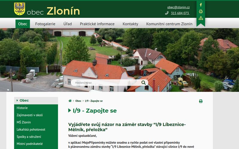 Ukázka aplikace na webu: Obec Zlonín